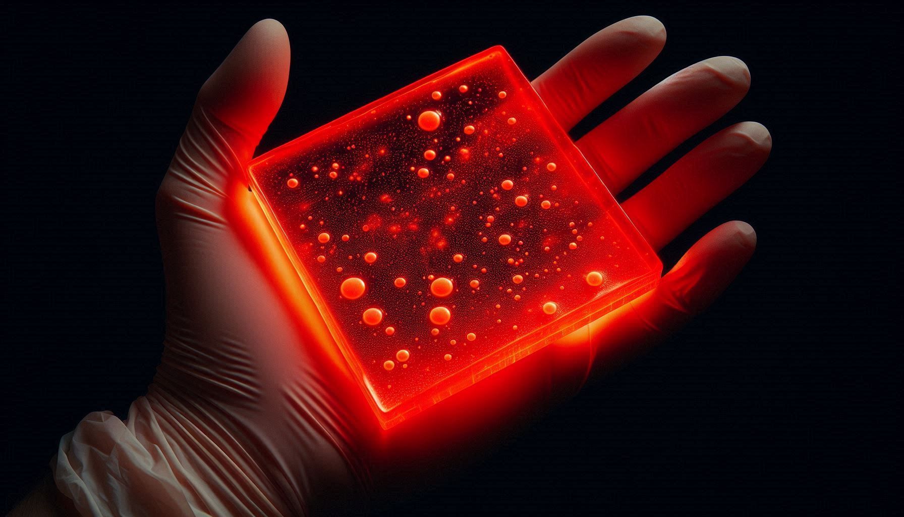 Ein gleichmäßig rot fluoreszierendes Stück Gel, das einer Hand mit Latexhandschuhen gehalten wird.