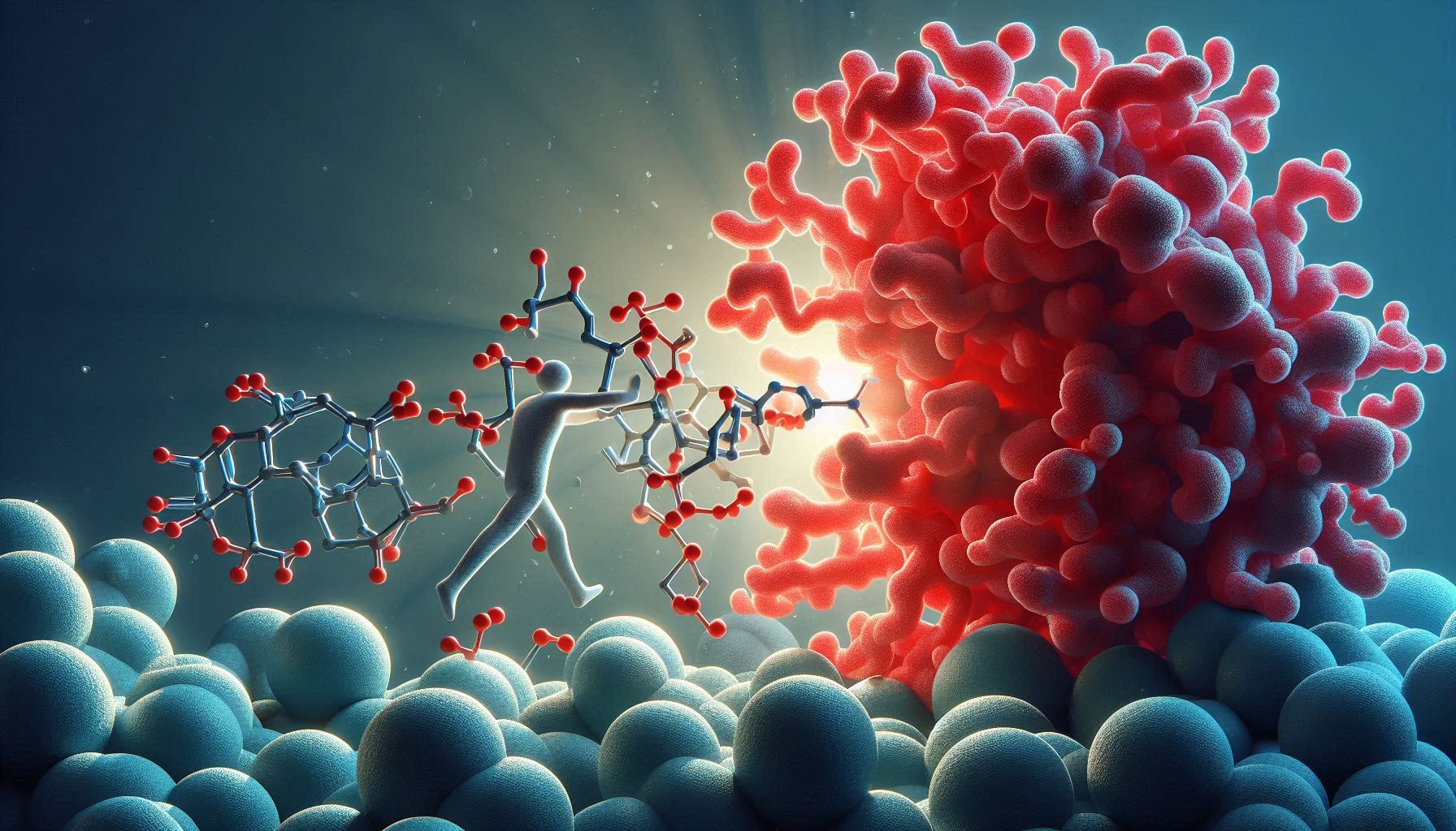 FAQs A scientific illustration where a small molecules tries to bind on a large Protein but is blocked by a bright red small molecule.